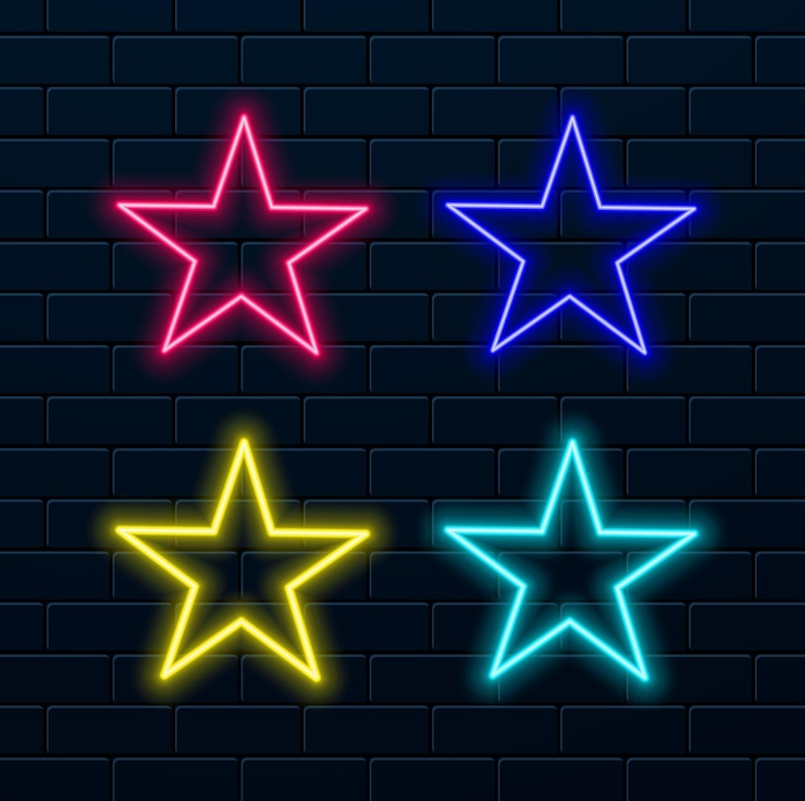 Vetor símbolo vetorial de estrelas de néon estrelas de néon em fundo escuro pronto para o seu banner de cartão de saudação de design