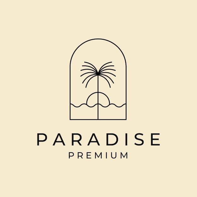 Símbolo vetorial do logotipo da ilha da palmeira do paraíso com design de ilustração do pôr do sol
