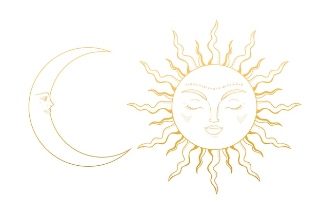 Símbolos celestes da Lua e do Sol em ouro Ilustração vetorial