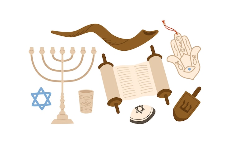 Vetor símbolos coloridos do judaísmo dos desenhos animados definir ilustração vetorial plana. coleção de atributos judaicos tradicionais de castiçal de férias, estrela de david, pião, rolagem e anchova isolado no fundo branco.
