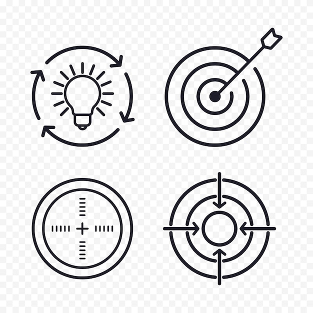 Vetor símbolos conceituais da estratégia de negócios metas de foco pensamento criativo brainstorming