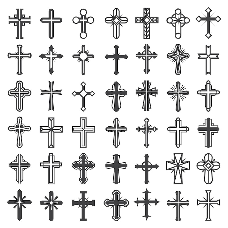 Vetor símbolos de cruz de religião. cristãos catolicismo ícones coleção tribal paz fotos de jesus.