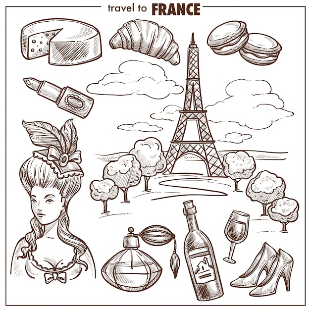 Símbolos de desenho de vetor de Marco de viagem de França