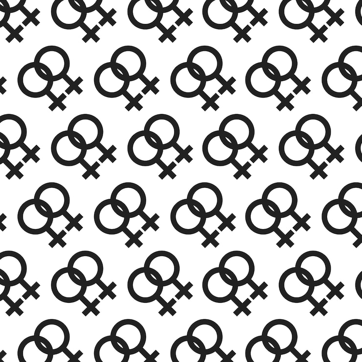 Vetor símbolos de gênero feminino padrão sem costura desenho de ícones pretos em fundo branco mês do orgulho lgbt