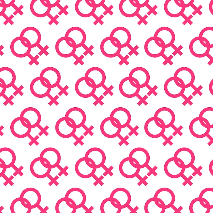 Vetor símbolos de gênero feminino padrão sem costura ícones cor-de-rosa desenho em fundo branco mês do orgulho lgbt