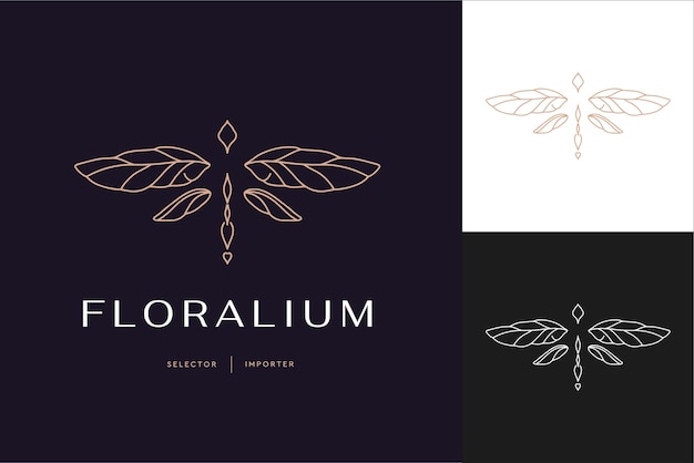 Símbolos de logotipo de modelo linear com libélula de luxo em um fundo nu