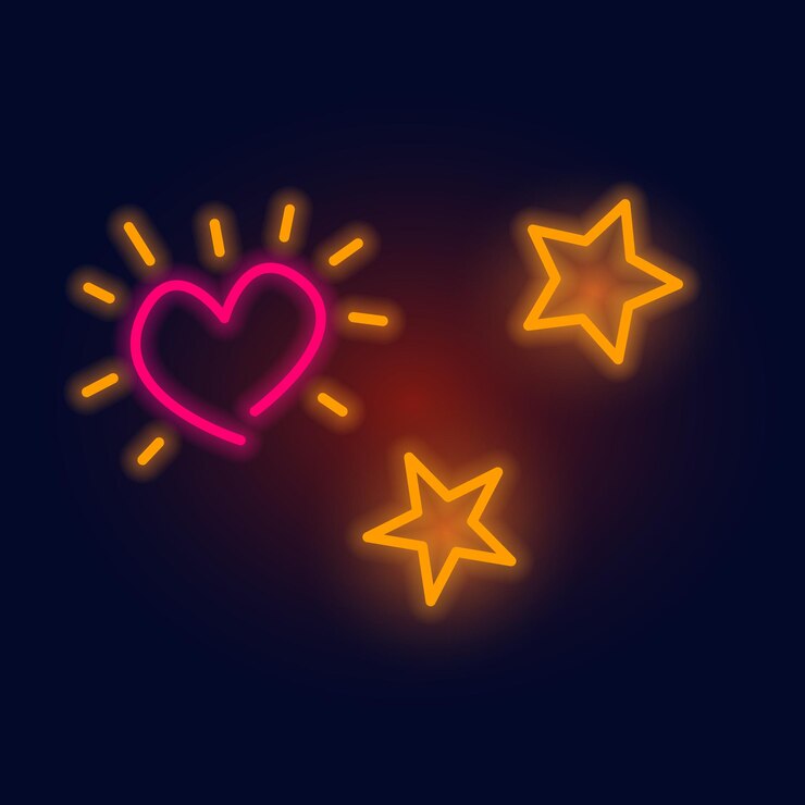 Vetor símbolos de moda coração estrelas sinal de néon noite placa de sinalização brilhante luz brilhante logotipo de verão para