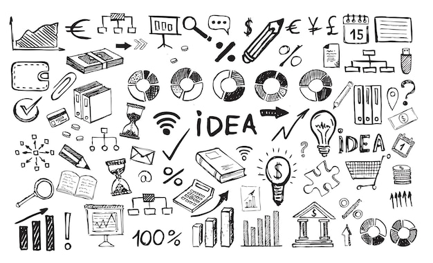 Símbolos de negócios conceito de gestão com estilo de design doodle