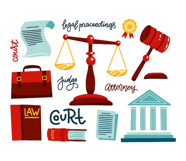 Símbolos de regulamentos legais. Conjunto de ícones jurídicos. Jurídico, tribunal e sentença, lei e martelo. Portfólio de juízes, tribunal. Ilustração em vetor plana com mão desenhada letras processos judiciais