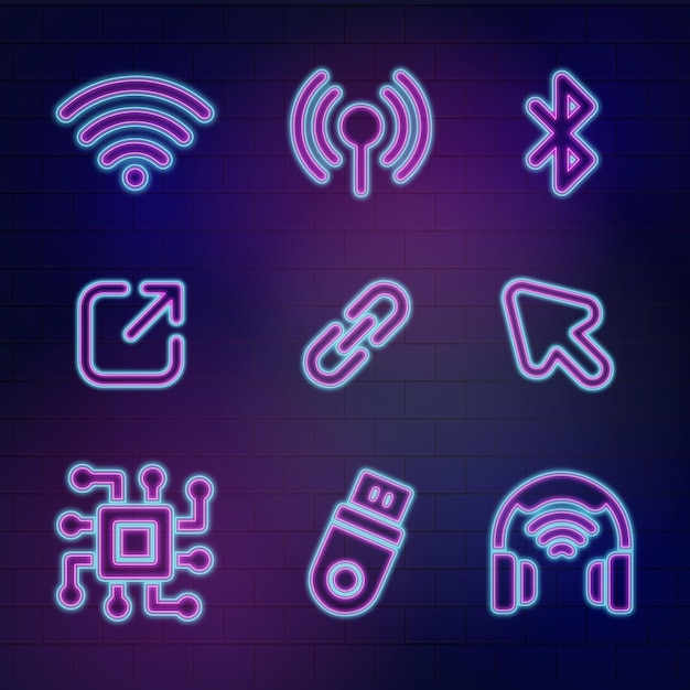 Vetor símbolos de tecnologia vetorial livres definidos em coleção de estilo néon