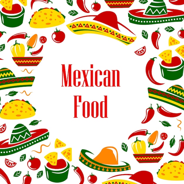 Símbolos do México emolduram comida mexicana e sombrero