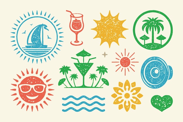 Vetor símbolos e objetos de verão definir ilustração vetorial ilha tropical com palmeiras e ondas do mar