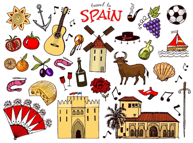 Vetor símbolos e objetos tradicionais espanhóis conjunto de sinais e ícones em estilo vintage guitarra desenhada à mão música e vinho