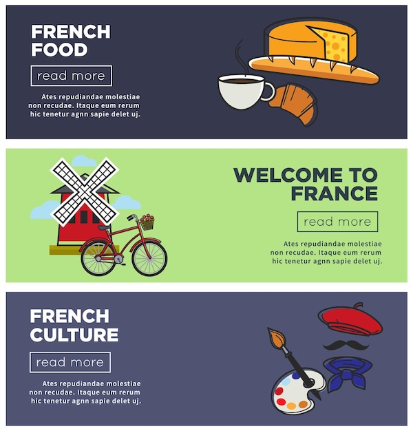 Símbolos franceses viajam para a frança vetor de modelos de páginas da web da internet