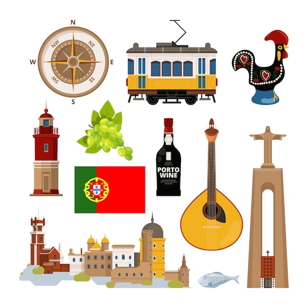 Símbolos históricos de portugal lissabon. conjunto de ícones. marco português, farol e instrumento musical, bonde de transporte e ilustração de arquitetura