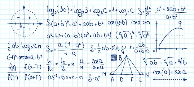 Vetor símbolos matemáticos desenhados à mão tabela preta com equação e trigonometria integral