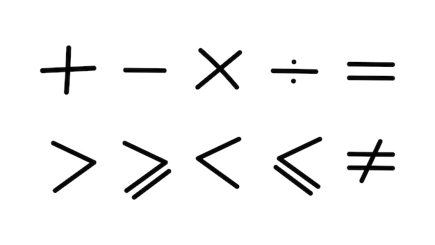 Vetor símbolos matemáticos desenhados ícones de quadro-negro adição e subtração escritas à mão com comparação de multiplicação de divisão maior ou menor com igualdade geral de vetor