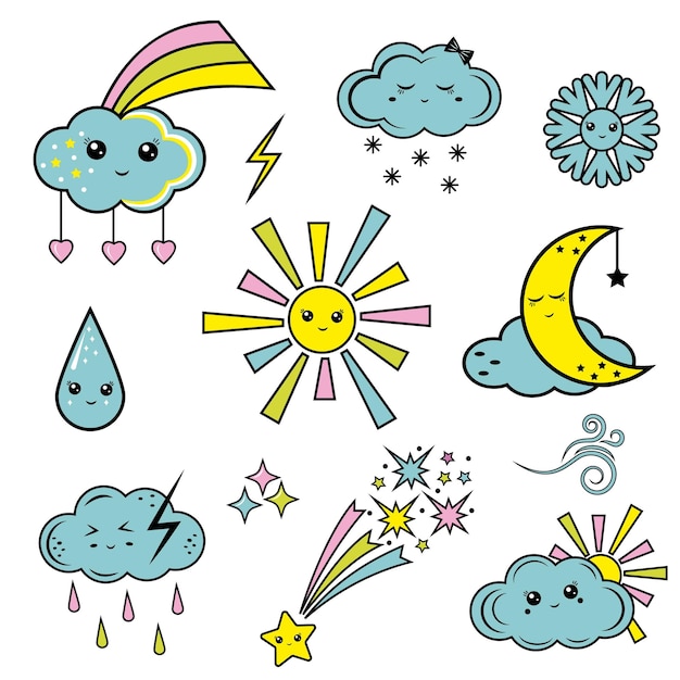 Símbolos meteorológicos, sinais meteorológicos, ilustrações coloridas