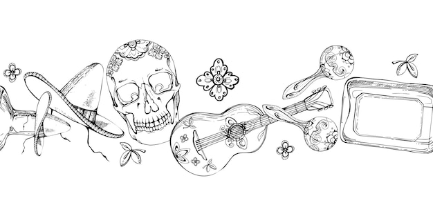 Símbolos mexicanos sombrero chapéu guitarra maracas instrumentos musicais tequila cinco de maio crânio floral