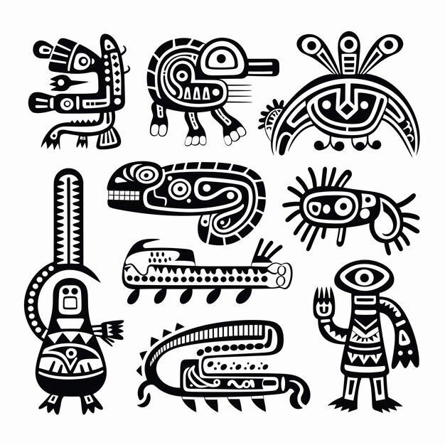 Símbolos nativos americanos azteca maya inca estatuetas de tribos nativas americanas tatuagem conjunto vetor