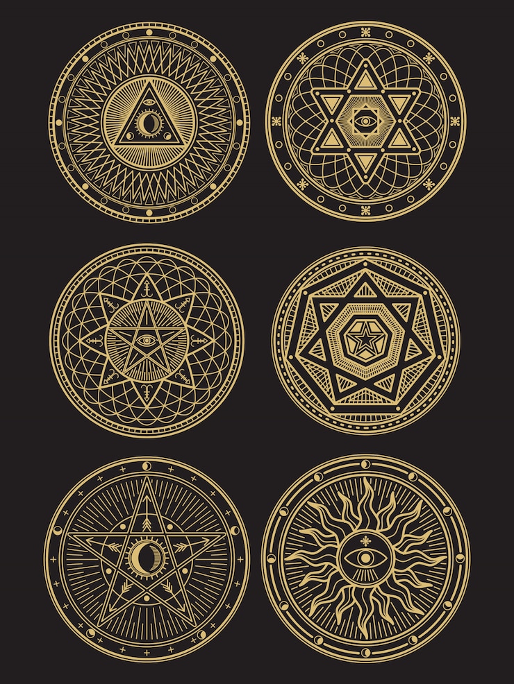 Vetor símbolos ocultos, místicos, espirituais e esotéricos dourados