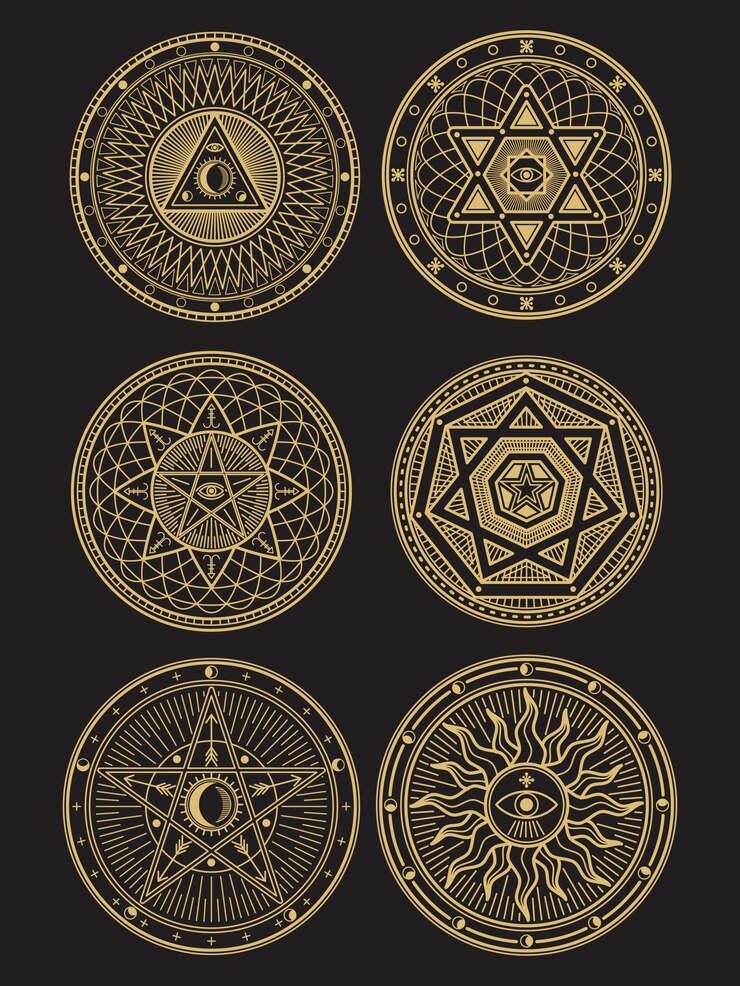Vetor símbolos ocultos, místicos, espirituais e esotéricos dourados