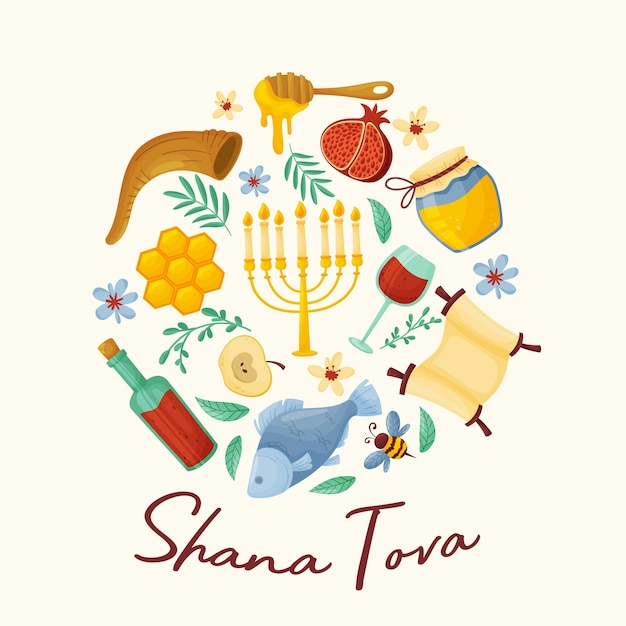 Vetor símbolos principais do feriado tradicional judaico shanah tovah ou ano novo jar com células de mel chifre maçã romã garrafa de peixe com suco ilustração vetorial isolada em fundo bege claro