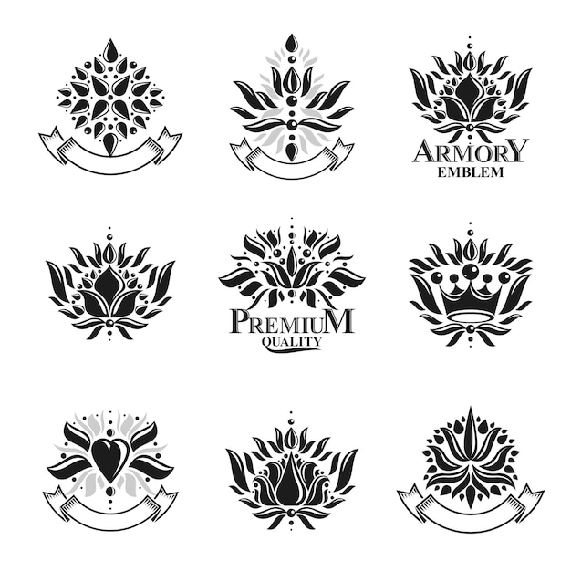 Vetor símbolos reais, flores, florais e coroas, conjunto de emblemas. coleção de elementos de design vetorial heráldico. rótulo de estilo retrô, logotipo de heráldica.