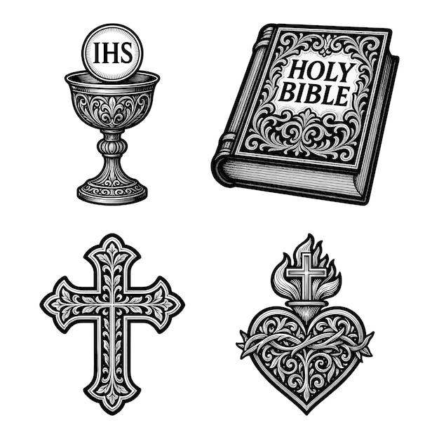 Símbolos religiosos Cálice Bíblia Cruz e Sagrado Coração