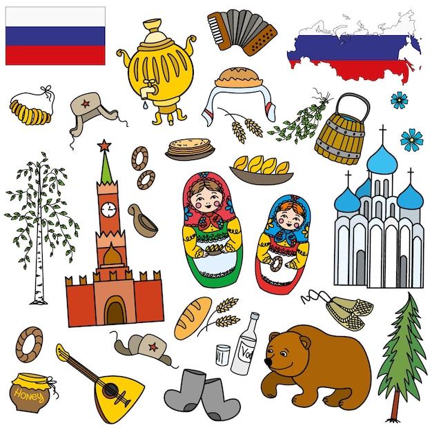 Vetor símbolos russos viajam rússia tradições russas conjunto de ícones de design colorido ilustração vetorial