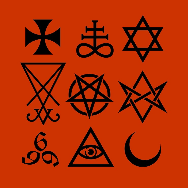 Vetor símbolos satânicos ocultismo medieval selos mágicos sigilos chaves símbolos místicos nós cruz do diabo sigilo lucifer baphomet vetor