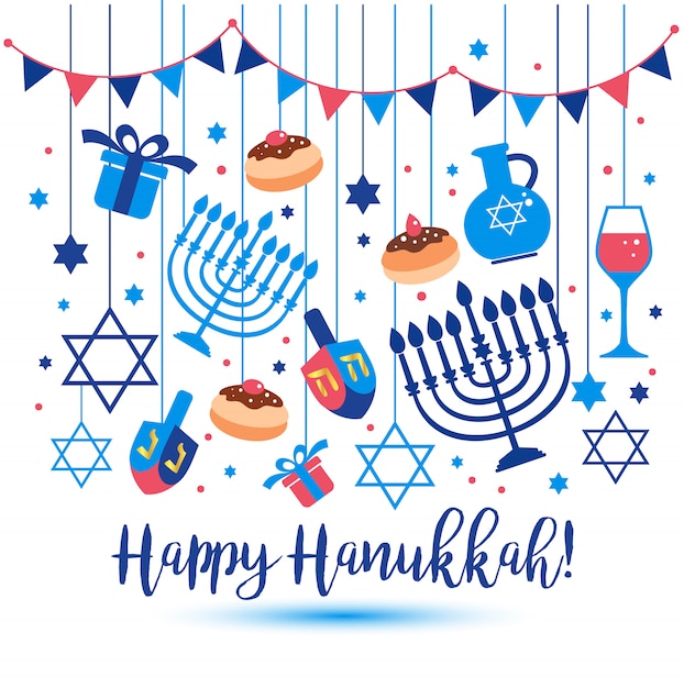 Símbolos tradicionais do cartão judaico de Hanukkah do feriado.