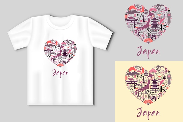 Vetor símbolos tradicionais do japão na forma de um coração conceito de viagem com maquete de camiseta