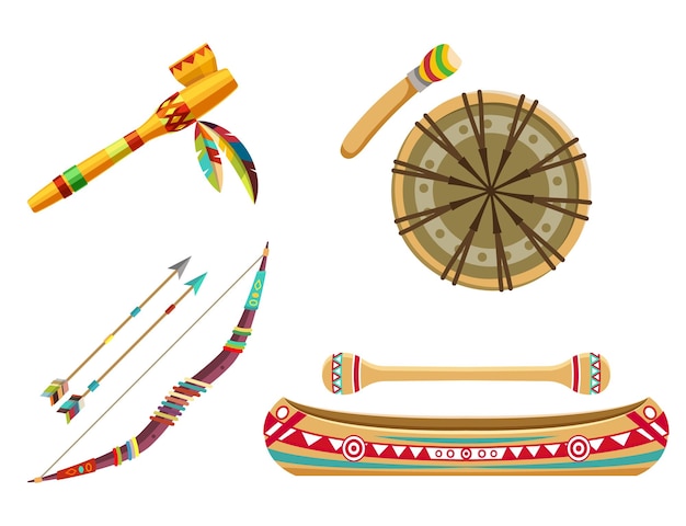 Símbolos tribais indianos ou conjunto temático. artigos ou objetos domésticos. arco com flechas, barco canoa, tambor étnico e cachimbo. design plano