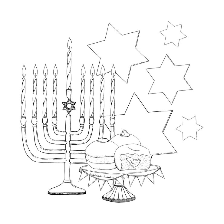 Vetor símbolos vetoriais de hanukkah com velas menorah estrelas de david e donuts ilustração preto e branco