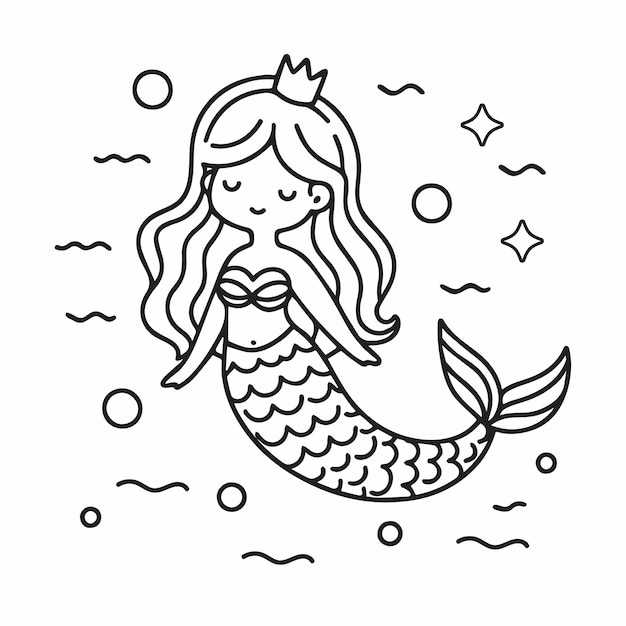 simpática sereia desenhada à mão página de coloração ilustração vetorial