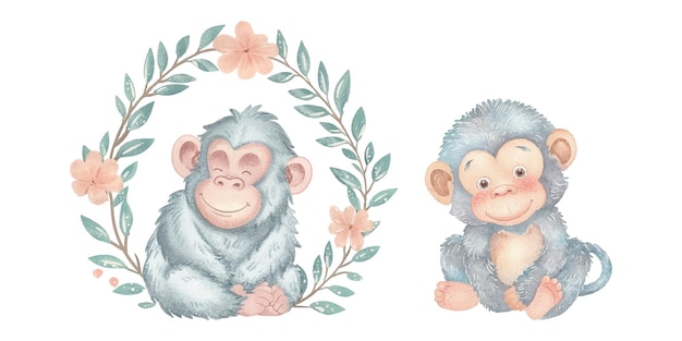 Simpático chimpanzé ilustração vetorial de aquarela suave