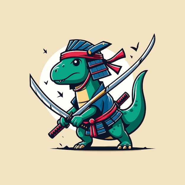 simpático samurai dino desenho animado ilustração vetorial