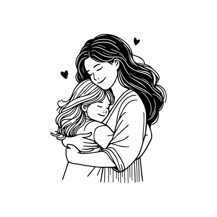 Vetor simples arte de linha desenhada à mão em preto e branco estilo de ilustração de uma mãe e filha se abraçando
