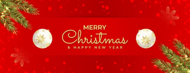 Simples feliz natal cor vermelha fundo criativo novo design de banner com bola e efeito bokeh