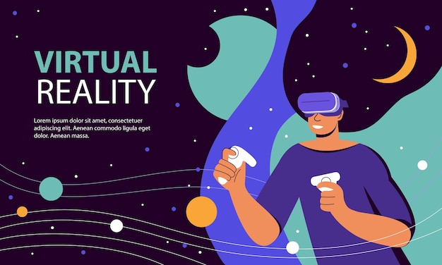 Vetor simulação de realidade virtual metaverse digital mulher no fone de ouvido vr e óculos futuristas no espaço sideral entre planetas e estrelas break the science bias banner colorido de ilustração vetorial plana