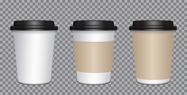 Simulação em branco realista copos de papel cravejado de tampa de plástico preta. Café para viagem, caneca