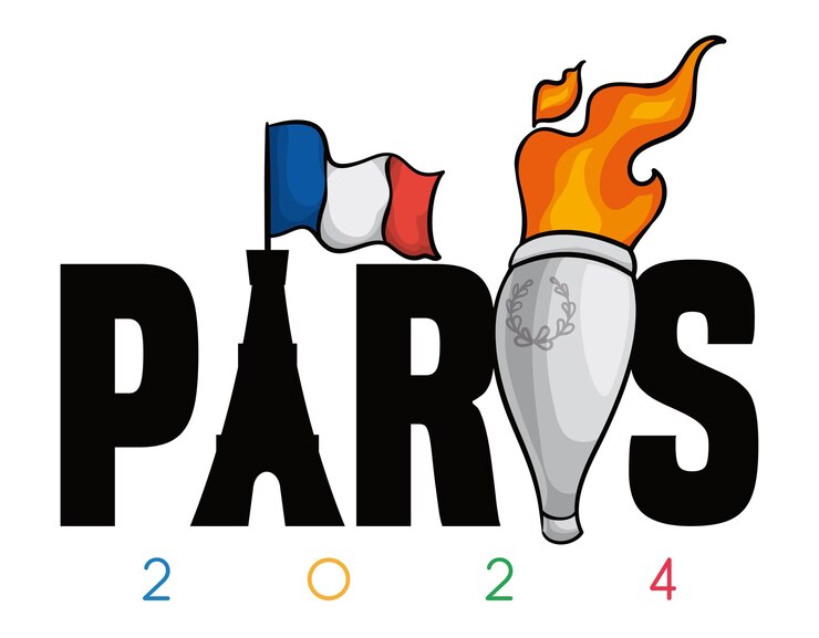 Vetor sinais com a silhueta da torre eiffel agitando a bandeira francesa e acendendo a tocha para os jogos de verão de paris 2024