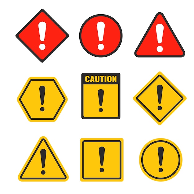 Sinais de advertência e de precaução com sinais de exclamação Set Vector