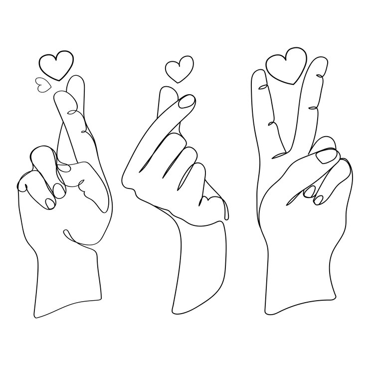 Vetor sinais de amor com os dedos com conjunto de corações, ilustração em vetor esboço de desenho de linha contínua.
