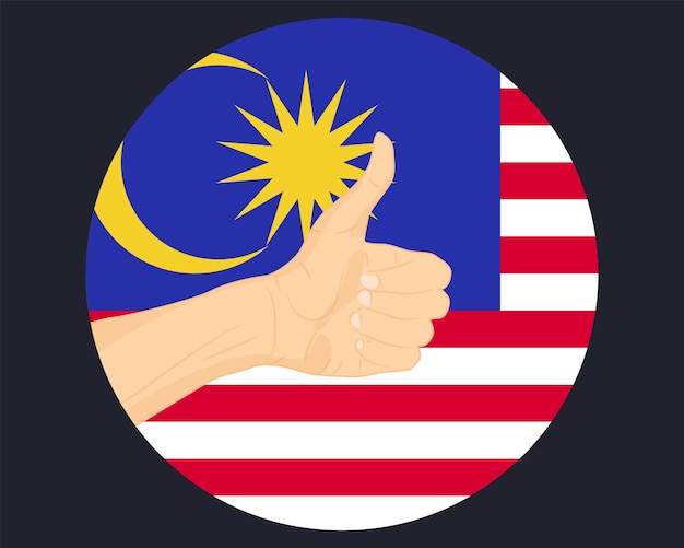 Sinais de aprovação com a mão com a bandeira da malásia, polegar para cima, aprovação ou conceito de voto