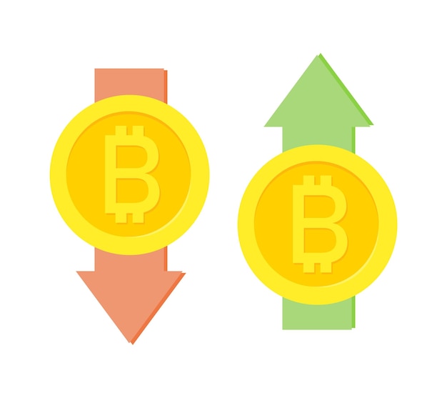 Sinais de bitcoin com setas ascendentes e descendentes dinâmica positiva e negativa no mercado de criptomoedas