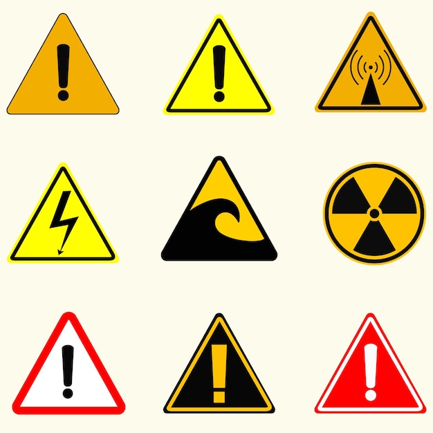 Vetor sinais de cuidado, radiação de perigo, tsunami de alta tensão de emissão de rádio e outros sinais