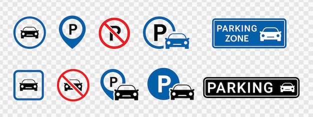 Sinais de estacionamento e ícones de trânsito isolados em fundo branco