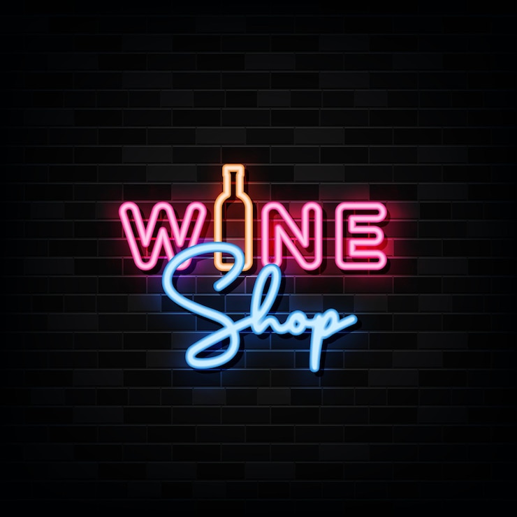 Vetor sinais de néon da loja de vinhos. modelo de estilo neon